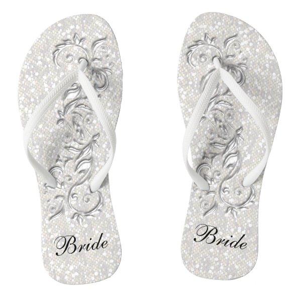 White Confetti Glitter & White Metallic | Bride Flip Flops