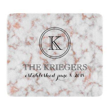 White Copper Metallic Marble Monogram Wedding Cutting Board