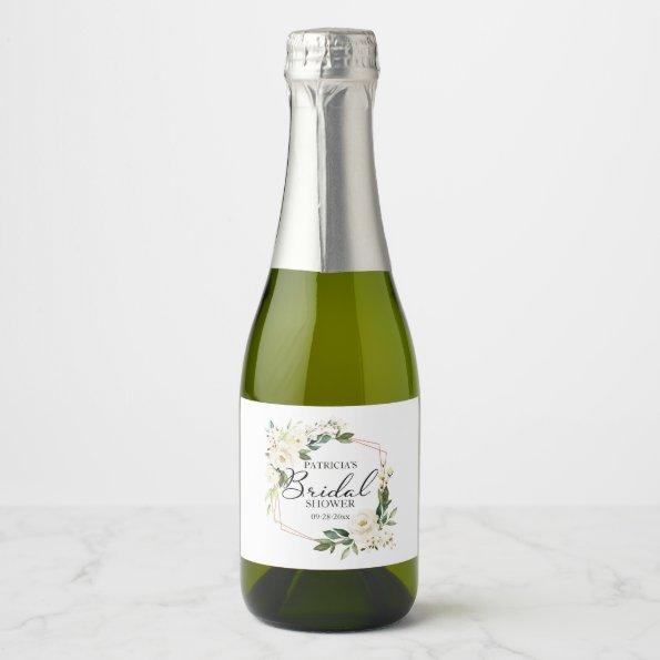 White Cream Floral Geometric Bridal Shower Sparkling Wine Label
