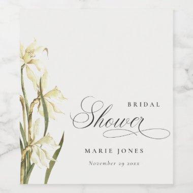 White Daffodil Floral Watercolor Bridal Shower Wine Label