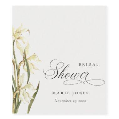 White Daffodil Floral Watercolor Bridal Shower Wine Label