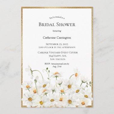 White Daisies Floral Watercolor Gold Bridal Shower Invitations