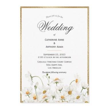 White Daisies Floral Watercolor Gold Wedding Invitations