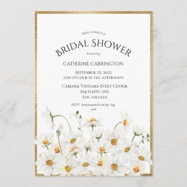 White Daisies Gold Floral Watercolor Bridal Shower Invitations