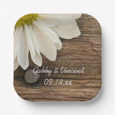White Daisy and Barn Wood Country Wedding Paper Plates