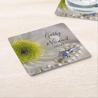 White Daisy and Diamond Ring Wedding Square Paper Coaster