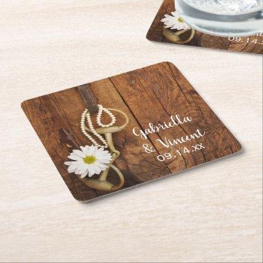 White Daisy and Horse Bit Country Western Wedding Square Paper Coaster