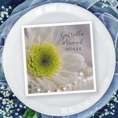 White Daisy and Pearls Wedding Napkins