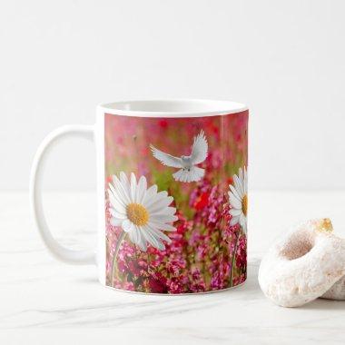 White Daisy Dove Pink Floral Mug