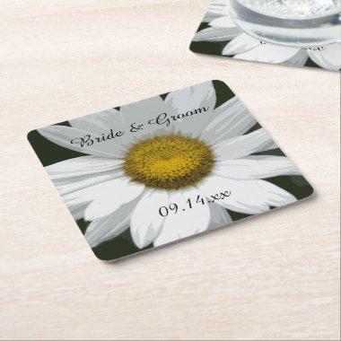White Daisy Flower Wedding Square Paper Coaster