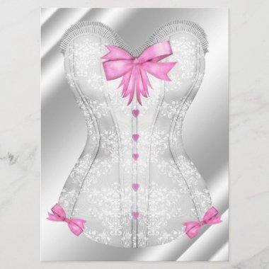 White Damask Pink Bows Corset Lingerie Shower Invitations