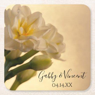 White Double Daffodils Spring Wedding Square Paper Coaster