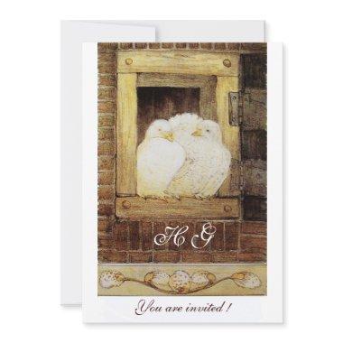 WHITE DOVES AT THE WINDOW monogram, brown yellow