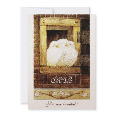 WHITE DOVES AT THE WINDOW monogram champagne Invitations