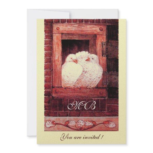 WHITE DOVES AT THE WINDOW,monogram gold metallic