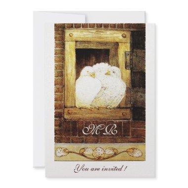 WHITE DOVES AT THE WINDOW monogram,ice metallic Invitations