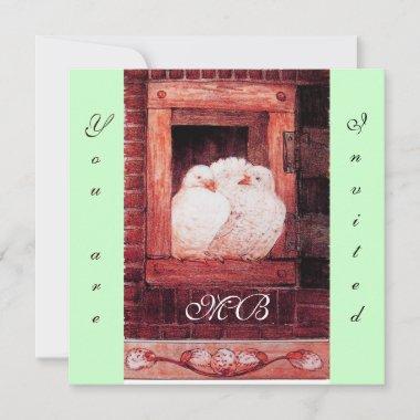 WHITE DOVES AT THE WINDOW, monogram red green Invitations