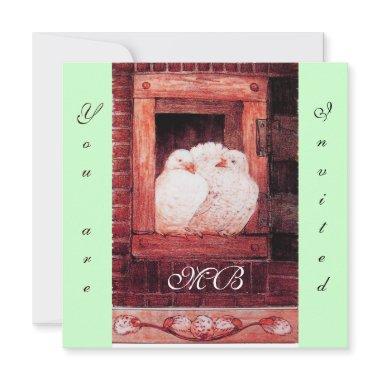 WHITE DOVES AT THE WINDOW, monogram red green Invitations