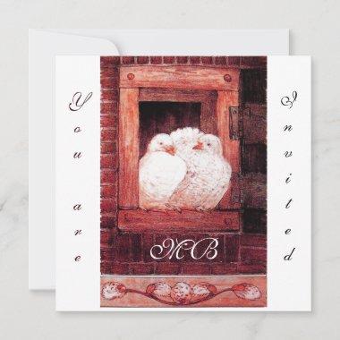 WHITE DOVES AT THE WINDOW, monogram red Invitations