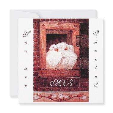 WHITE DOVES AT THE WINDOW, monogram red Invitations