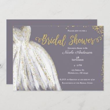 White Dress Gold Glitter Purple Grey Bridal Shower Invitations