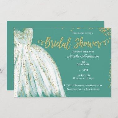 White Dress & Gold Glitter Teal Bridal Shower Invitations