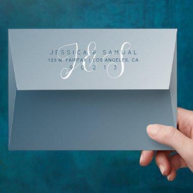 White Elegant Script Monogram on Blue Ombre Envelope