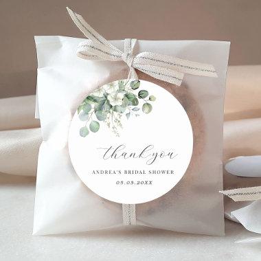 White Eucalyptus Floral Bridal Shower Thank You Classic Round Sticker