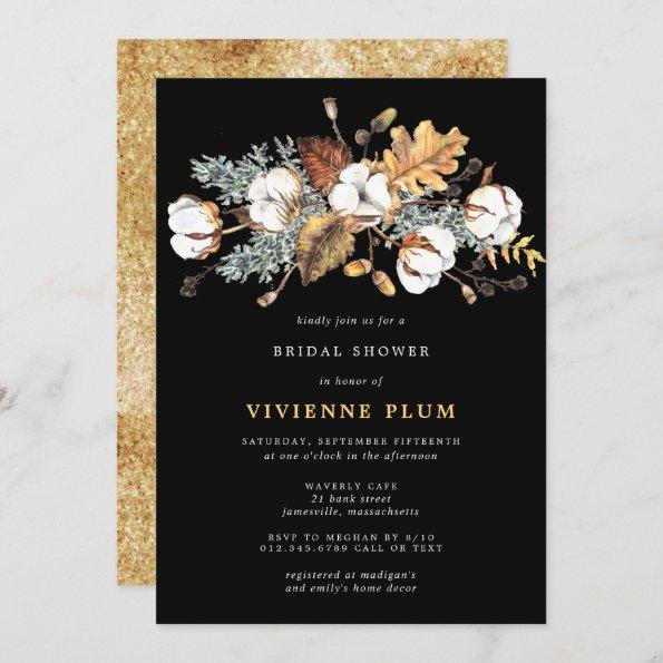White Floral Autumn Leaves Gold Bridal Shower Invitations