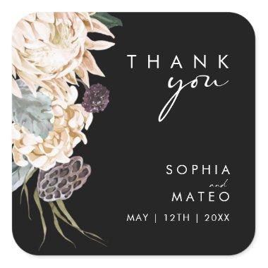White Floral | Black Thank You Wedding Square Sticker