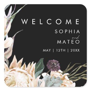White Floral | Black Wedding Welcome Square Sticker