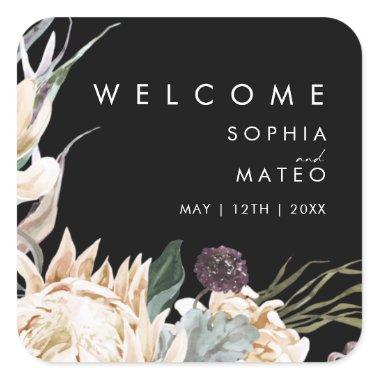 White Floral | Black Wedding Welcome Square Sticker