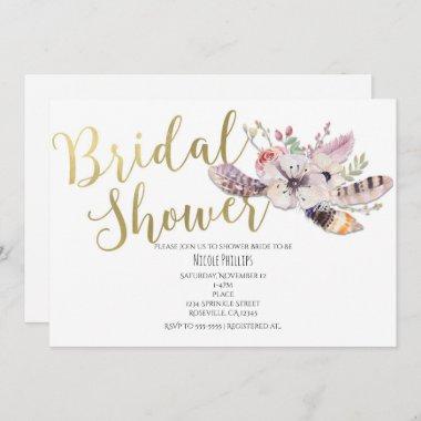 White Floral Boho Gold Bridal Shower Invitations