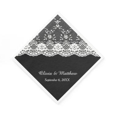 White Floral Border Lace on Black Wedding Napkins