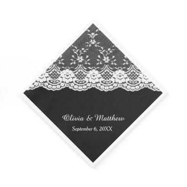 White Floral Border Lace on Black Wedding Napkins