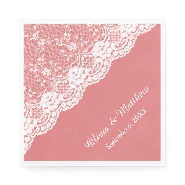 White Floral Border Lace on Coral Wedding Paper Napkins