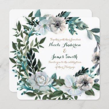 White Floral Botanical Greenery Wreath Wedding Invitations