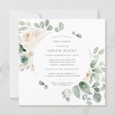 White Floral Botanical Square Hen Party Invitations