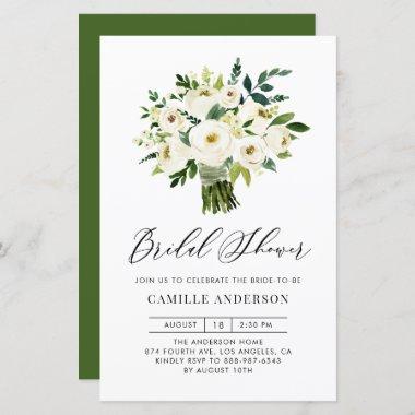 White Floral Bouquet Bridal Shower Invitations