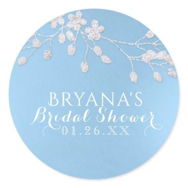 White Floral Branch Blue Bridal Shower Party Favor Classic Round Sticker