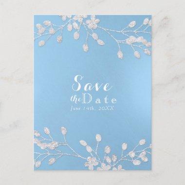 White Floral Branch Blue Save the Date Invitations