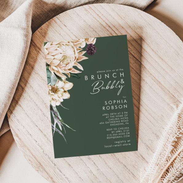 White Floral | Dark Green Brunch and Bubbly Invitations