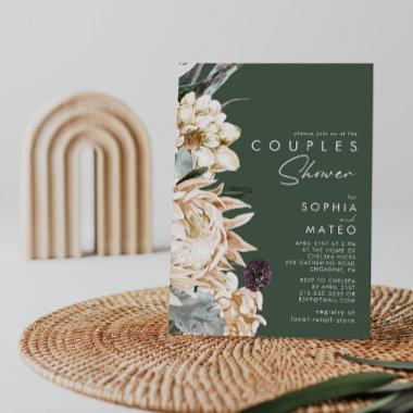 White Floral | Dark Green Couples Shower Invitations