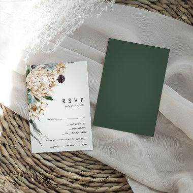 White Floral | Dark Green Menu Choice RSVP Card