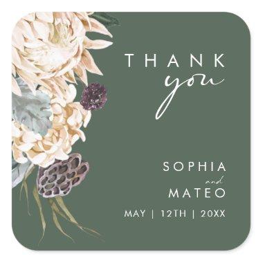 White Floral | Dark Green Thank You Wedding Square Sticker