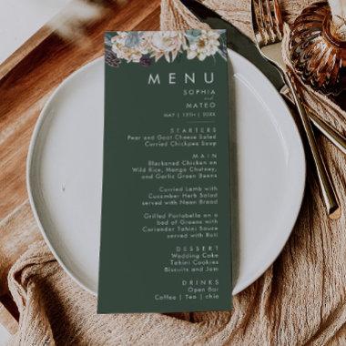White Floral | Dark Green Wedding Dinner Menu