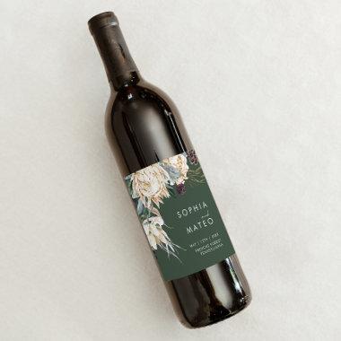 White Floral | Dark Green Wedding Wine Label