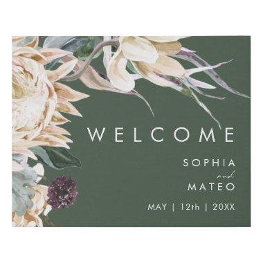 White Floral Dark Green Welcome Faux Canvas Print