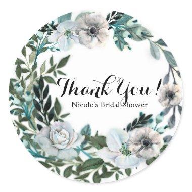 White Floral Flowers Botanical Greenery Wreath Classic Round Sticker