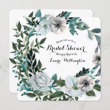 White Floral Flowers Botanical Greenery Wreath Invitations